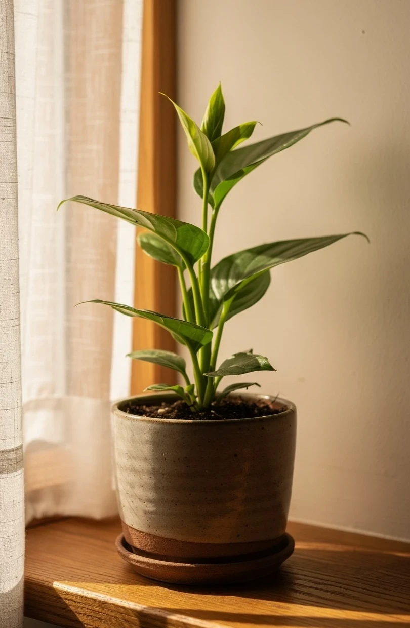 A healthy green plant unfurling new leaves toward soft natural light