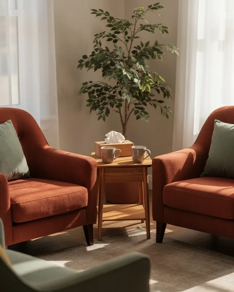 A balanced couples therapy room with two armchairs facing the counsellor seat at Tansem Psychology in Leduc, Alberta.