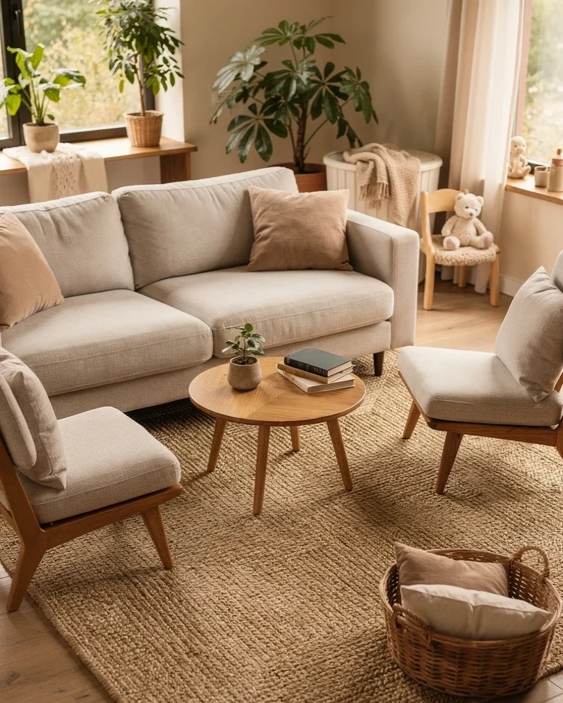 A welcoming family therapy room with a soft sofa and chairs arranged in a semicircle at Tansem Psychology in Leduc, Alberta.